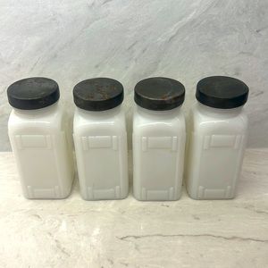 4 Vintage 1930s Griffith Laboratories Art Deco White Milk Glass Spice Jars